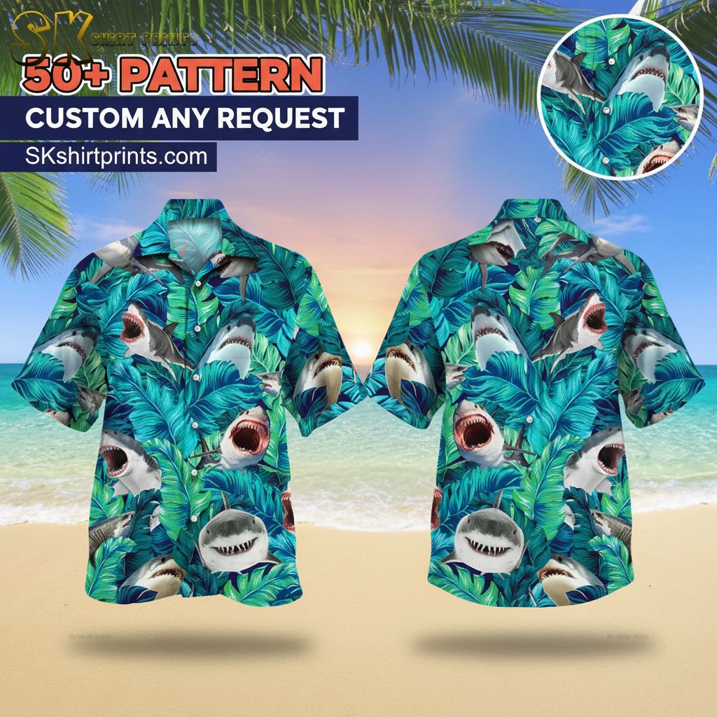 Male model wearing shark print aloha shirt in casual lifestyle setting
