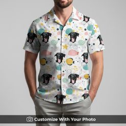 Man styling Spongebob dog face Hawaiian shirt with bright starfish and seashell pattern