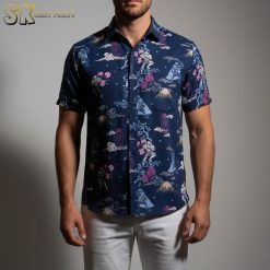 Man in Star Wars Aloha shirt featuring character prints, standing in tropical vacation resort setting