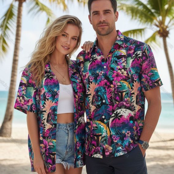 Multiple Star Wars Hawaiian shirt designs displayed side by side showing various character themes and patterns