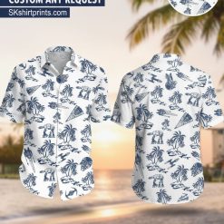 Male model wearing Disney Star Wars aloha shirt in outdoor lifestyle setting with tropical background