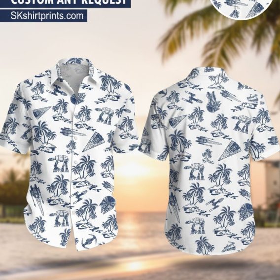 Male model wearing Disney Star Wars aloha shirt in outdoor lifestyle setting with tropical background