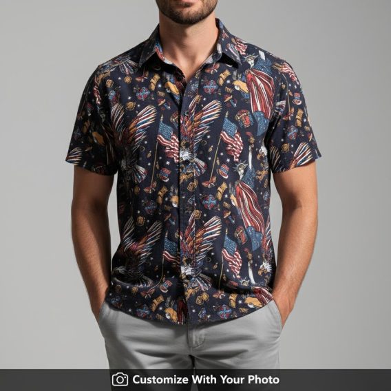 Men's stars and stripes Hawaiian shirt with bold eagle and American flag graphics