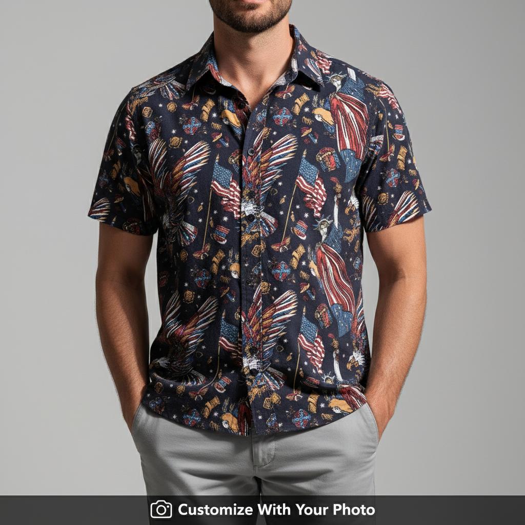 Men's stars and stripes Hawaiian shirt with bold eagle and American flag graphics