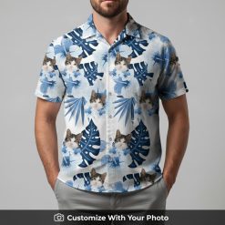 Man sporting Taco Cat Hawaiian Shirt with bold blue cat and hibiscus floral design