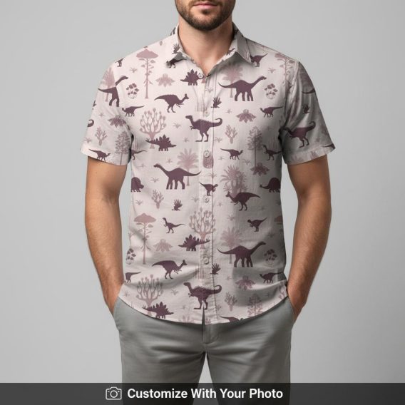 Man in tropical dinosaur aloha shirt featuring pink base and purple dinosaur patterns