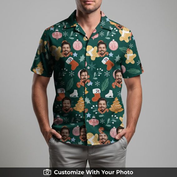 Man in festive Hawaiian Christmas shirt with Santa, Christmas trees, and snowflakes