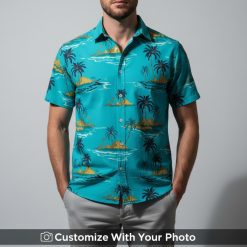 Man in tropical Hawaiian shirt with teal palm trees, yellow islands and blue wave accents