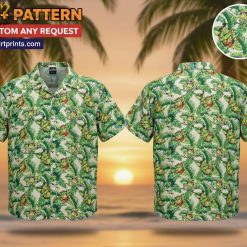 Male model wearing green turtle print Aloha shirt in casual lifestyle pose outdoors