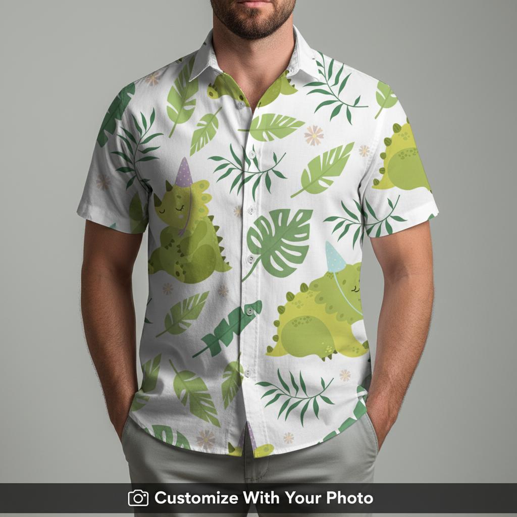 Man wearing vintage dinosaur button down shirt with party hat and tropical flowers
