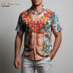 Male model in bright funky Hawaiian shirt with tropical print in outdoor party atmosphere