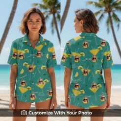 Woman in mint green Hawaiian shirt with custom face and tropical cocktail print design