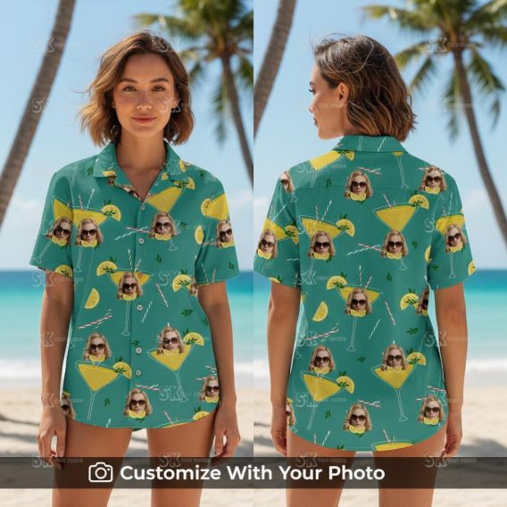 Woman in mint green Hawaiian shirt with custom face and tropical cocktail print design