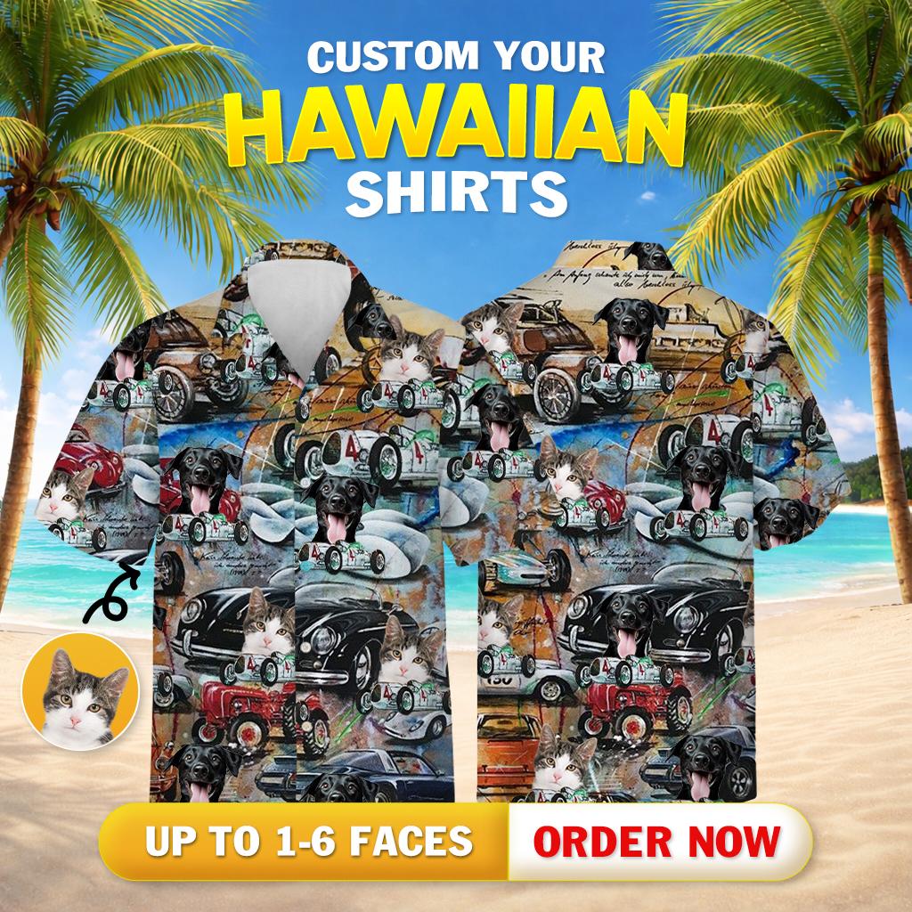 Mustang hawaiian shirt car collage design with cats dogs and vintage automobiles together