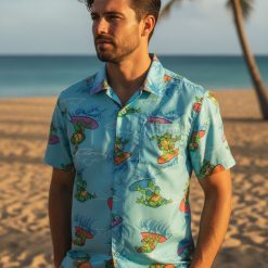 Collection display showing multiple turtle-themed Hawaiian shirt designs arranged side by side