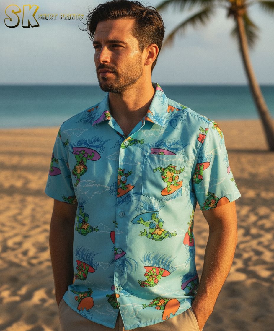 Collection display showing multiple turtle-themed Hawaiian shirt designs arranged side by side