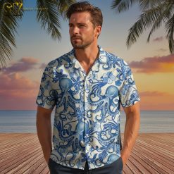 Collection overview displaying multiple octopus button up Hawaiian shirt designs arranged side by side