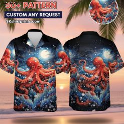 Man wearing octopus print Aloha shirt in casual lifestyle setting with tropical sea creature pattern