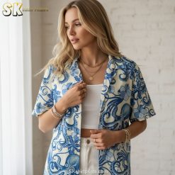 Product specs infographic showing octopus shirt button up sizing chart and fabric feature callouts