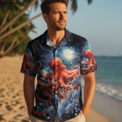 Multiple octopus shirt button up designs displayed together showing various Hawaiian shirt patterns and color options