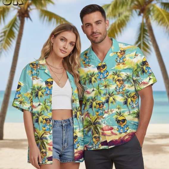 College sports fan wearing green Oregon Duck Hawaiian shirt in tailgate lifestyle scene
