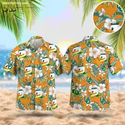 Orange Oregon Ducks Hawaiian shirt with duck mascot and tropical flower pattern