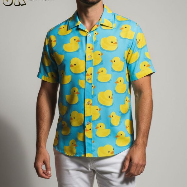 Classic Blue Rubber Ducky Hawaiian Shirt for Men with Button Down Design
