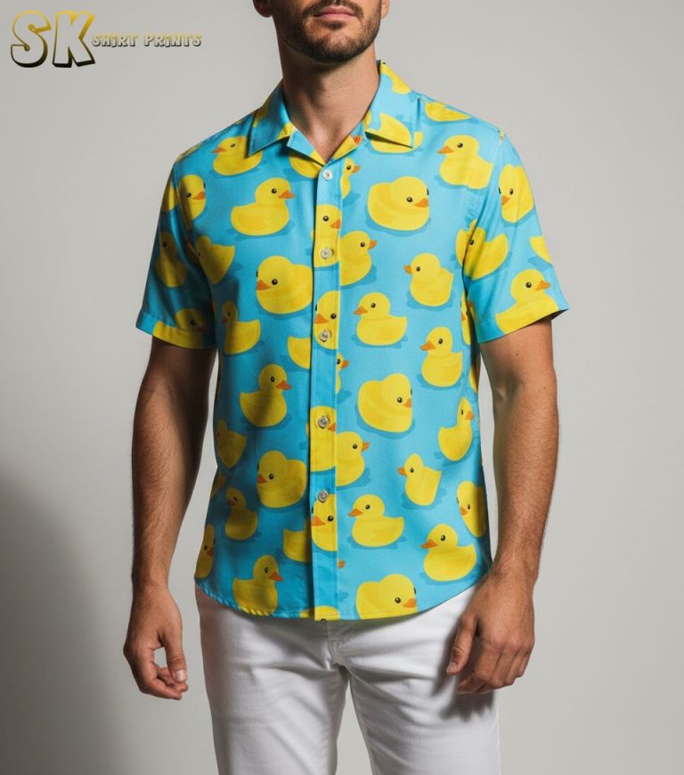 Classic Blue Rubber Ducky Hawaiian Shirt for Men with Button Down Design