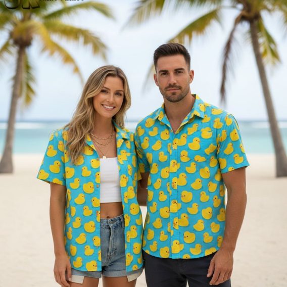 Man wearing Oregon Ducks Hawaiian shirt outdoors in natural summer setting