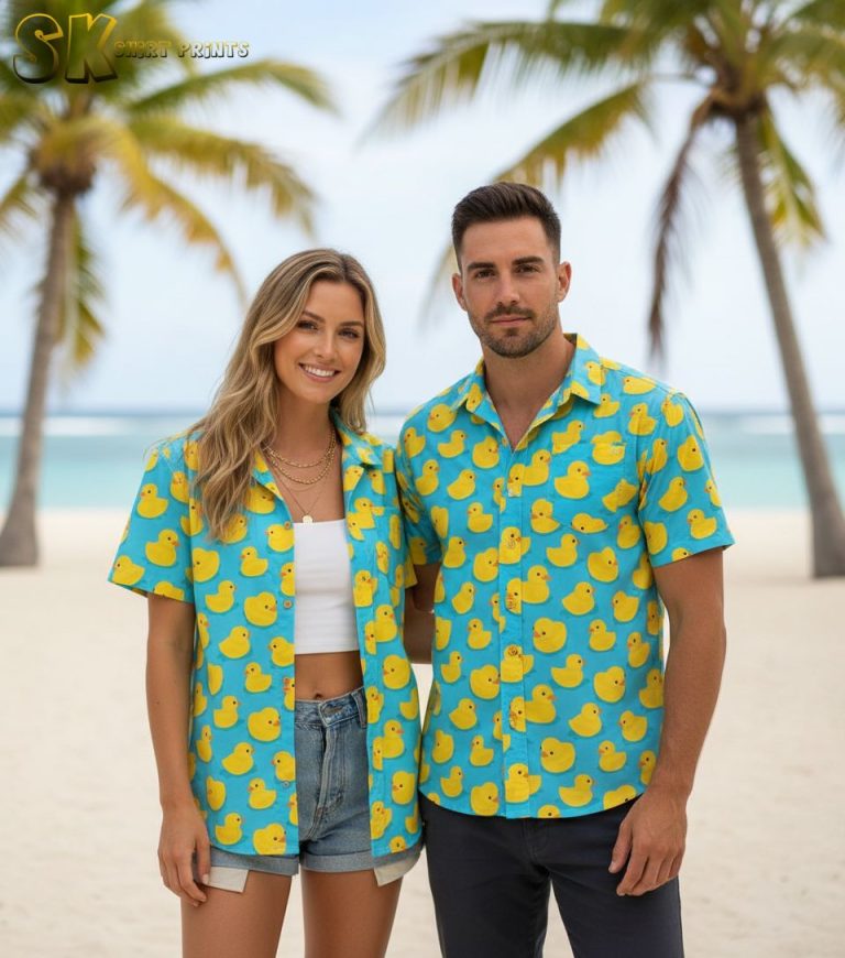 Rubber Duck Hawaiian Shirt for Men – Blue Tropical Ducky Button Down Shirt with Pockets