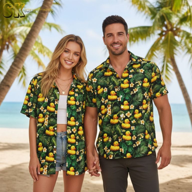 Yellow Rubber Duck Hawaiian Shirt with Tropical Flowers – Men’s Button Down Beach Shirt with Pocket