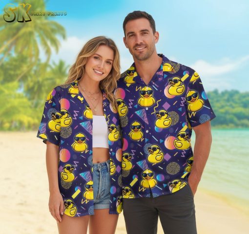 Retro Yellow Rubber Duck Hawaiian Shirt for Men with Sunglasses - Neon 80s Button Down Beach Vacation Aloha Shirt