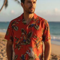Collection overview displaying multiple parrot Hawaiian shirt designs side by side showing different color schemes