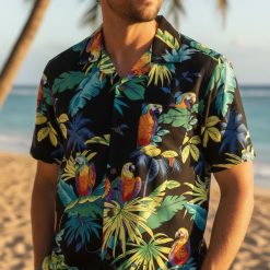 Multiple parrot Hawaiian shirt designs displayed side by side showing complete collection of tropical bird themed Aloha shirts
