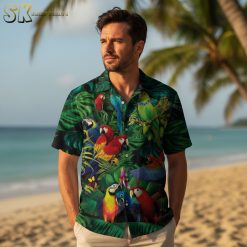 Multiple parrot Hawaiian shirt designs displayed side by side showing different color themes and patterns