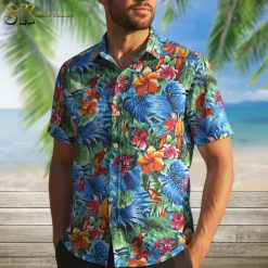 Multiple parrot Hawaiian shirt designs displayed side by side showing different color themes and patterns