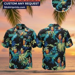 Man wearing colorful parrot Hawaiian shirt in casual lifestyle pose showing tropical bird print design