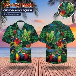 Male model wearing colorful parrot Hawaiian shirt standing outdoors in casual lifestyle setting