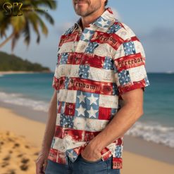 Multiple patriotic Hawaiian shirt designs displayed side by side showing various red white blue themed Aloha shirt patterns