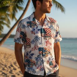 Collection display showing various patriotic Aloha shirt designs with different American flag and stars patterns side by side