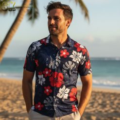Multiple patriotic Aloha shirt designs displayed side by side showing various American flag and stars patterns