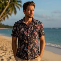 Multiple patriotic Aloha shirt designs displayed side by side showing various American flag themed patterns