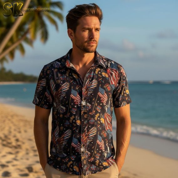 Multiple patriotic Aloha shirt designs displayed side by side showing various American flag themed patterns