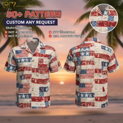 Male model wearing red white blue patriotic Hawaiian shirt with stars and stripes pattern in lifestyle photo
