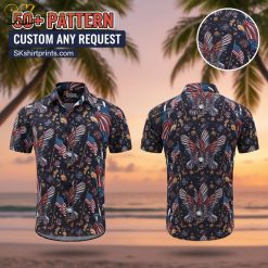Male model wearing red white blue patriotic Aloha shirt outdoors casual lifestyle pose