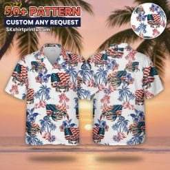 Male model wearing red white blue patriotic Hawaiian shirt with American flag pattern in casual lifestyle setting