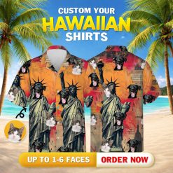 Patriotic hawaiian shirt with random placement of dogs cats around Statue Liberty images