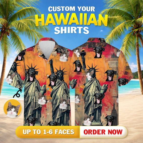 Patriotic hawaiian shirt with random placement of dogs cats around Statue Liberty images