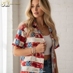 Product specifications infographic showing patriotic Hawaiian shirt size chart and fabric details with feature callouts