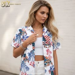 Product specifications infographic showing patriotic Hawaiian shirt size chart measurements and fabric feature callouts